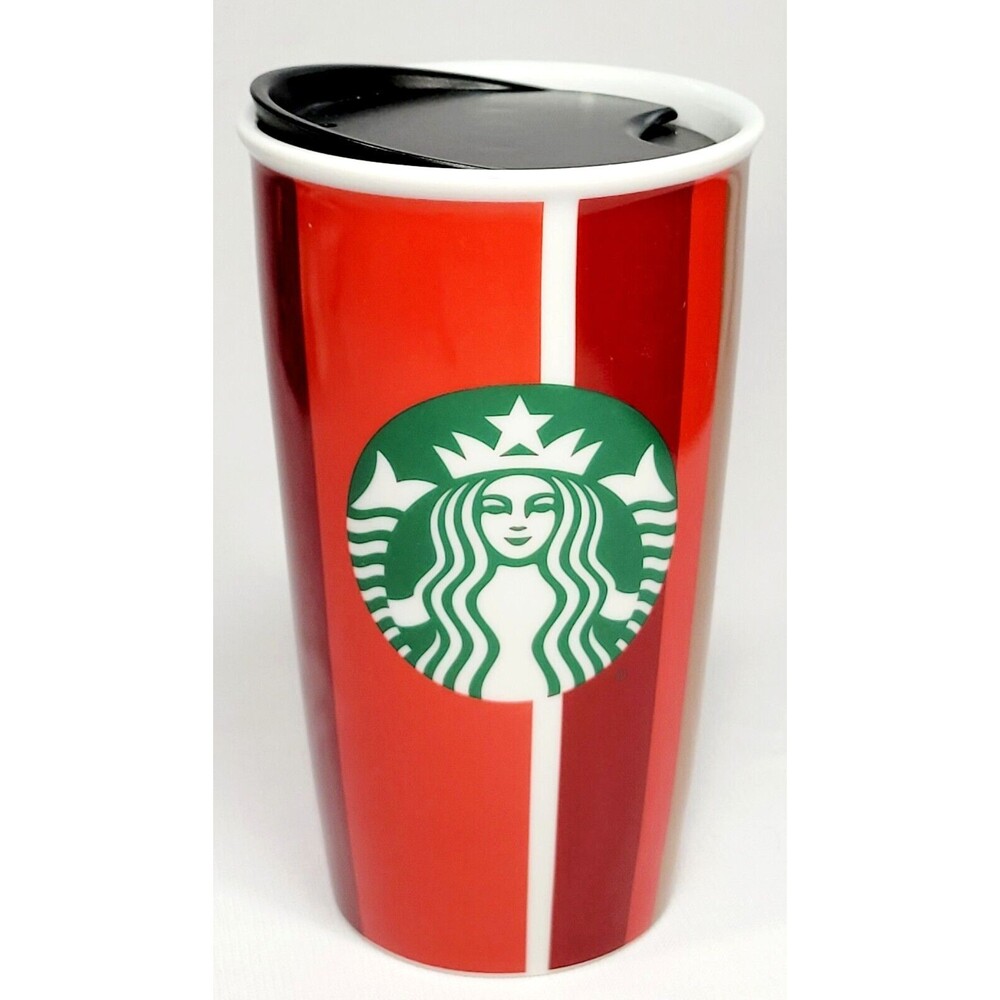 Starbucks Mermaid w/ Red Gold Stripes Ceramic Holiday Travel Mug Tumbler 12 oz